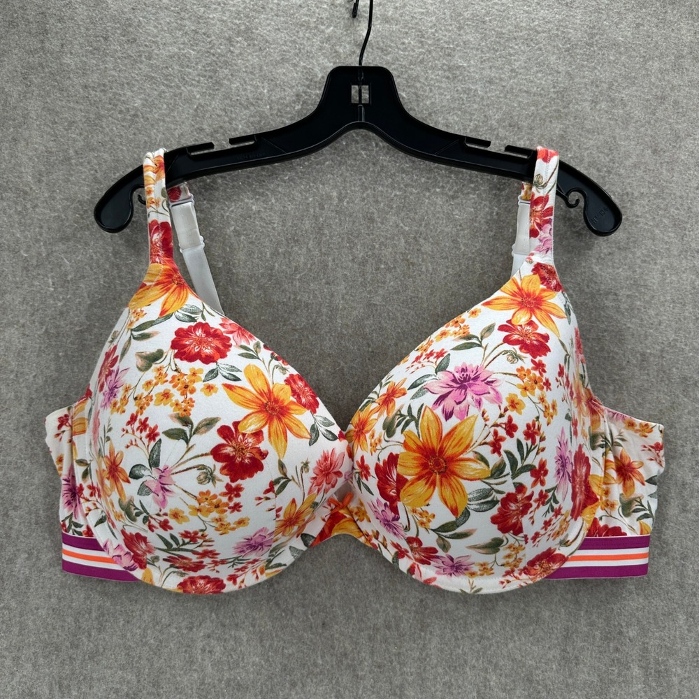Cacique Boost Plunge Bra Womens 42F White Floral Striped Underwire Cotton Blend